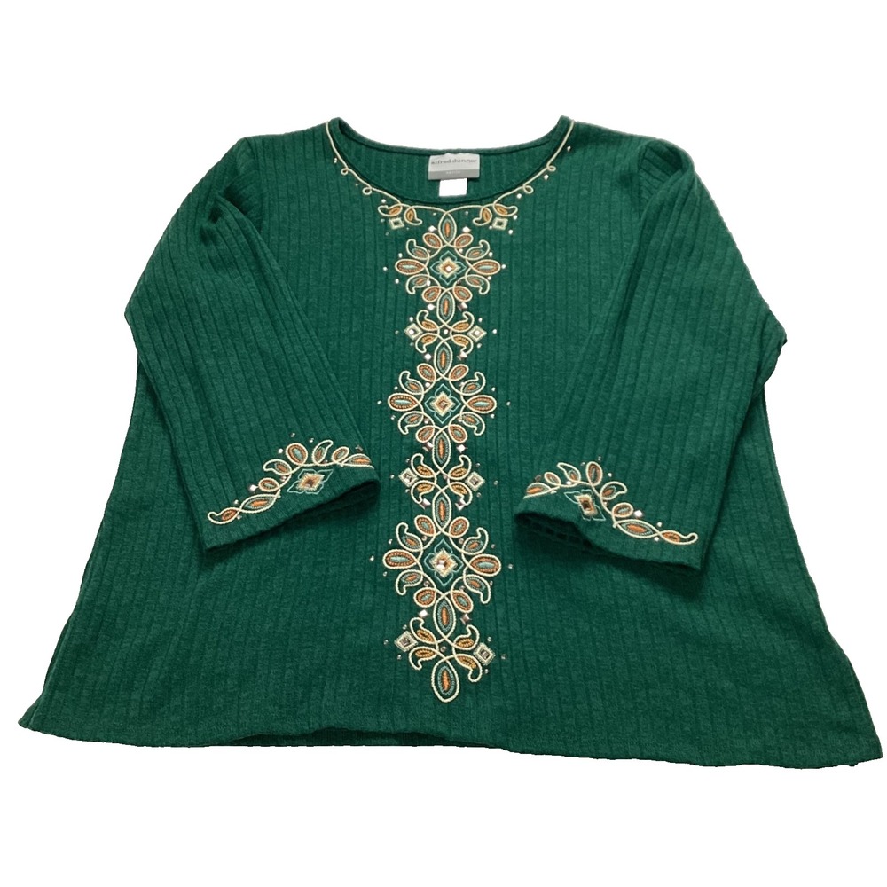 Alfred Dunner Petite Large Green Embroidered Knit Top Boho Floral Beaded PL